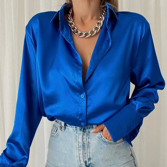 Button Up Satin Long Sleeve White Blouse