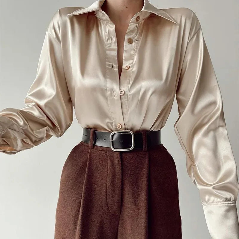 Button Up Satin Long Sleeve White Blouse