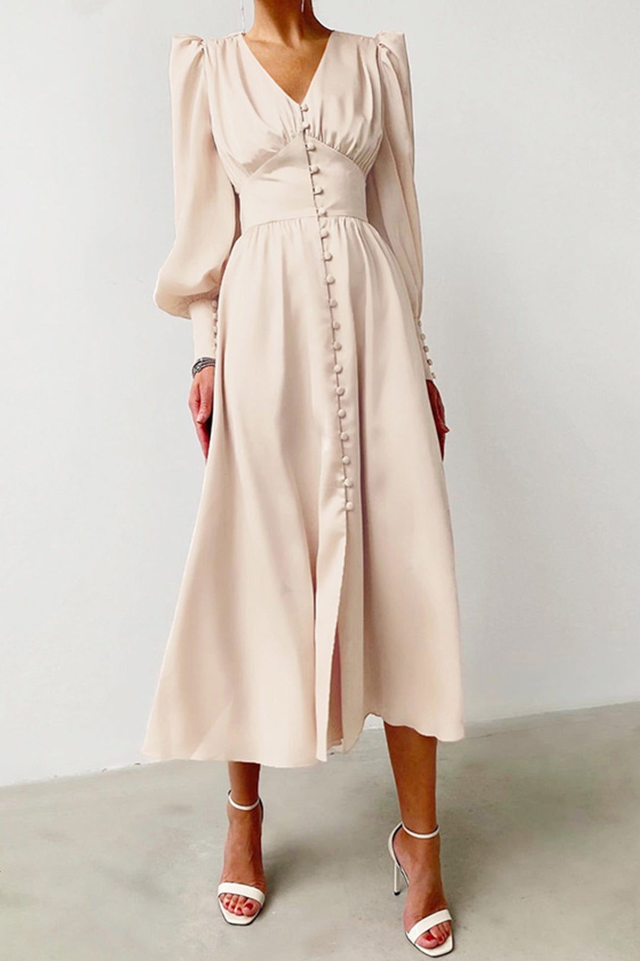Satin Puff Sleeve Single-breasted Midi Dress