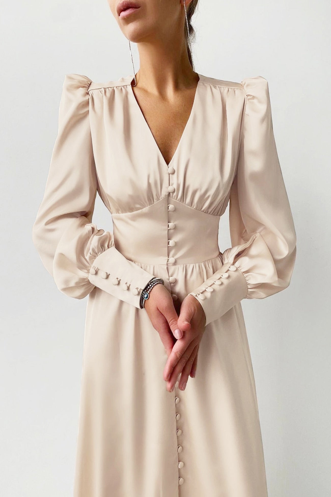 Satin Puff Sleeve Single-breasted Midi Dress