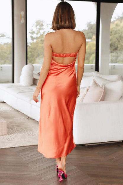 Satin Color Strapless Midi Dress