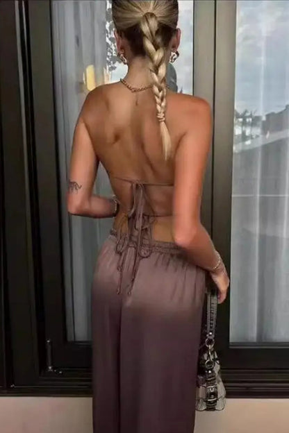 Satin Tube Top Long Pants Suits
