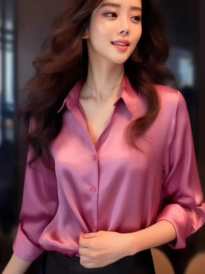 Satin Long Sleeve Polo Neck Blouse