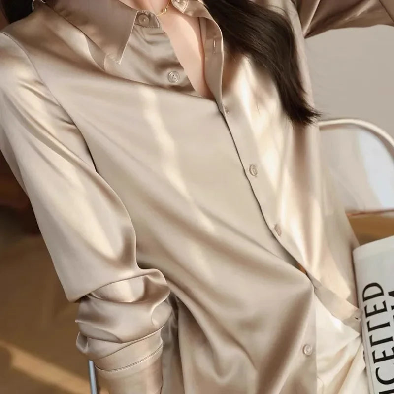 Satin Long Sleeve Polo Neck Blouse