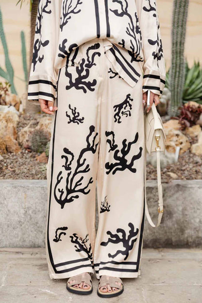 Satin Contrast Printed Button Long Pants Set
