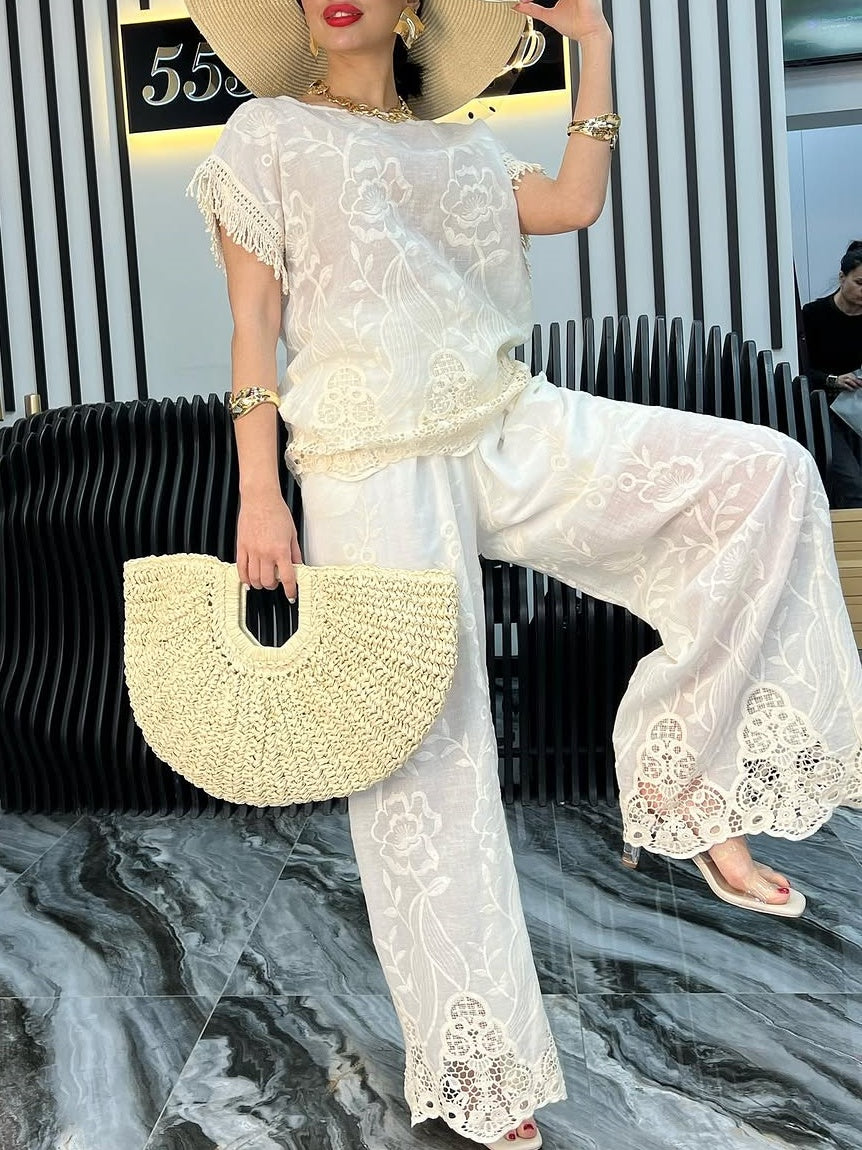 Lace Crew Neck Pants