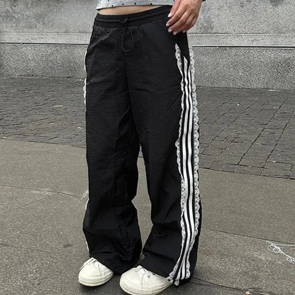 Coquette Sweatpants Summer Y2k Lace Stripe Patchwork Elastic Waist Sports Pants Trousers