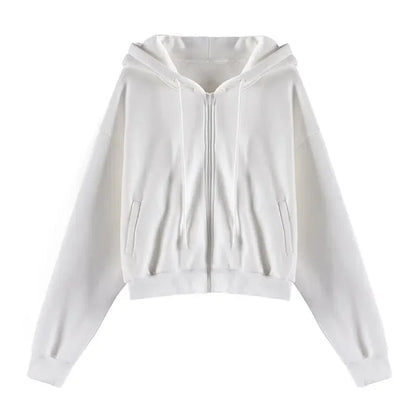 Autumn Spring Zip Up Hoodies Pockets Slim Crop Top Jacket Female Clothes Drawstring White Hoody Cotton Coats