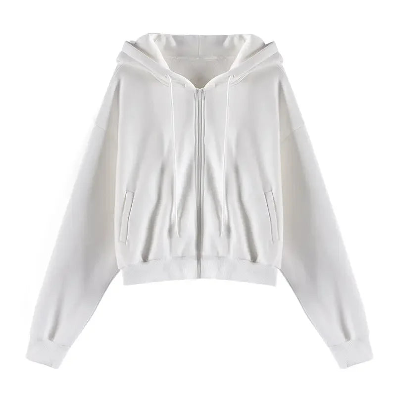 Autumn Spring Zip Up Hoodies Pockets Slim Crop Top Jacket Female Clothes Drawstring White Hoody Cotton Coats