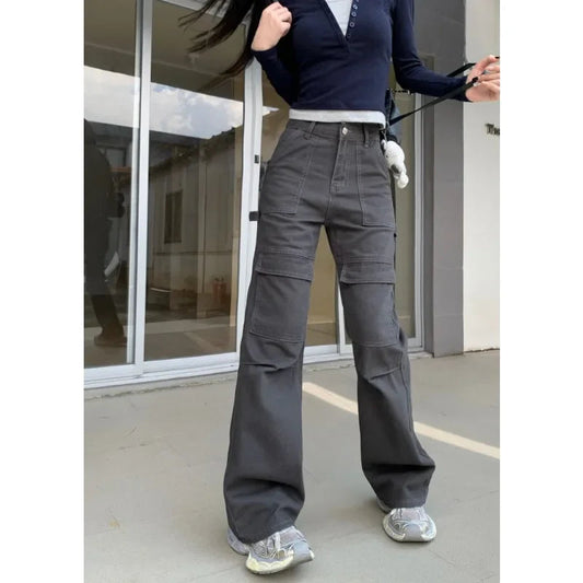 Low Waist Color Allmatch Cargo Pants Autumn New Korean Multibutton Slim Wide Leg Pants