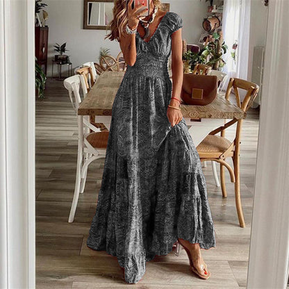 Print Long Dresses V-neck Elastic Waist Short Sleeves Vacation Style Dress Female Vestidos