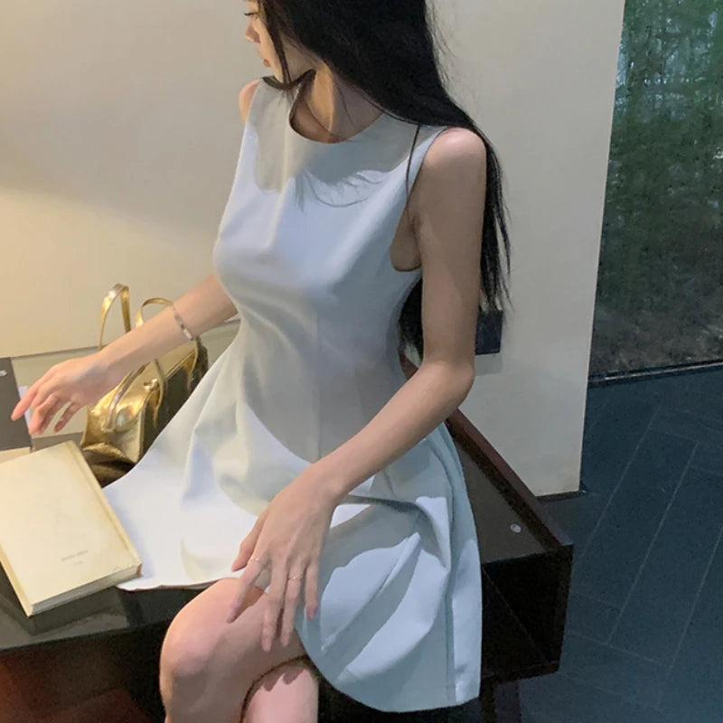 Line Mini Dresses Sleeveless Spring Summer Sweet Simple Vestidos Mujer Korean Fashions Retro Dress