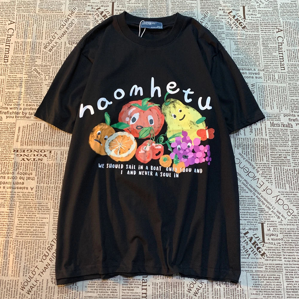 American Retro Fruit Print Round Neck Short Sleeved T-shirt for and Loose and Versatile Couple Half Sleeved Tee