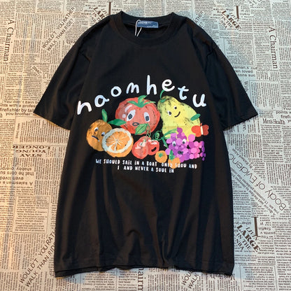 American Retro Fruit Print Round Neck Short Sleeved T-shirt for and Loose and Versatile Couple Half Sleeved Tee