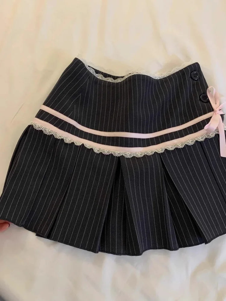 Preppy Style Half Skirt Clothing Highwaisted Aline Skirt Bow Stripes Contrast Color Pleated Skirts