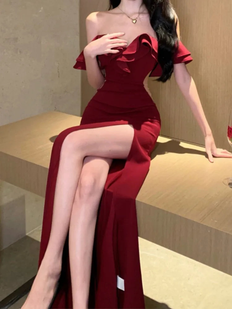 Bodycon Long Dresses for Wedding Evening Party Prom Robe Ruffles Slash Neck High Split Hollow Out Summer New Vestido