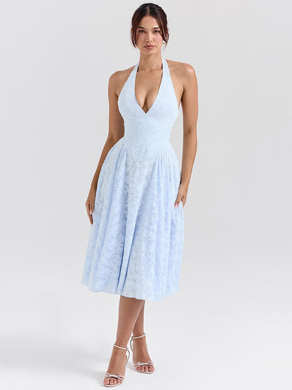 Deep V Neck Halter Madi Dress Sleeveless Backless A-line Loose Pleated Evening Long Dress