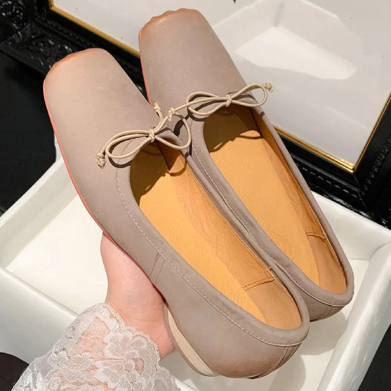 Cow Leather Square Toe Slipon Ballet Flats Sweet Bowtie Female Soft Comfortable Shoes for Hot