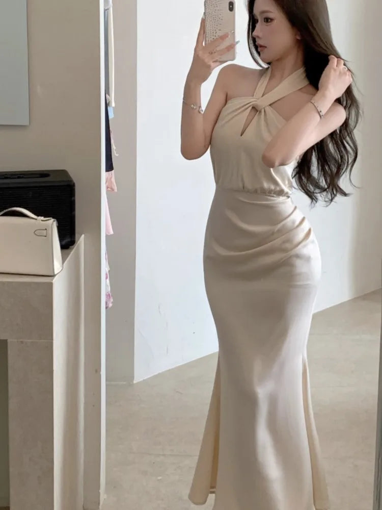 Bodycon Satin Evening Party Dress Sleeveless Halter Slim Mermaid Summer New Midi Dresses for Prom Vestidos Mujer