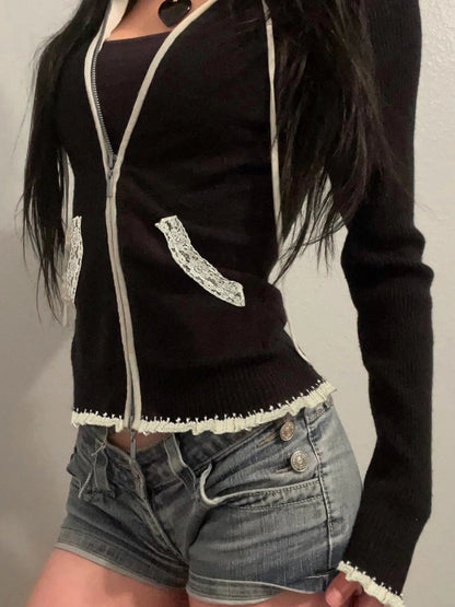 Lace Trim Pocket Patchwork Drawstring Hooded Slightly Thick Coat Y2k Zip Up Slim Sweater Autumn Winter Clothes