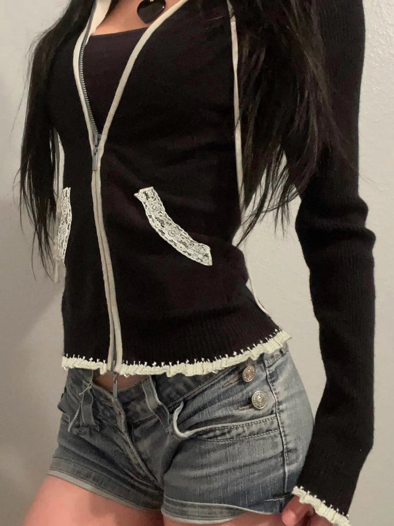 Lace Trim Pocket Patchwork Drawstring Hooded Slightly Thick Coat Y2k Zip Up Slim Sweater Autumn Winter Clothes