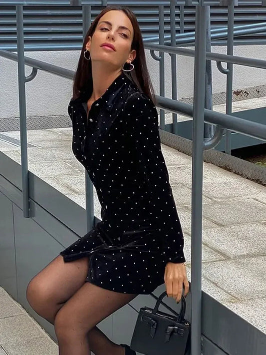 Dot Velvet Mini Dress Turn Down Collar Single Breasted Long Sleeve Skirt Autumn Female Dresses