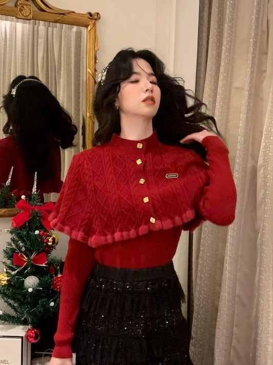 French Gentle Christmas Sweater Twopiece Set Cardigan Female Autumn Winter Slim Base Temperament Knitting Shawl Top