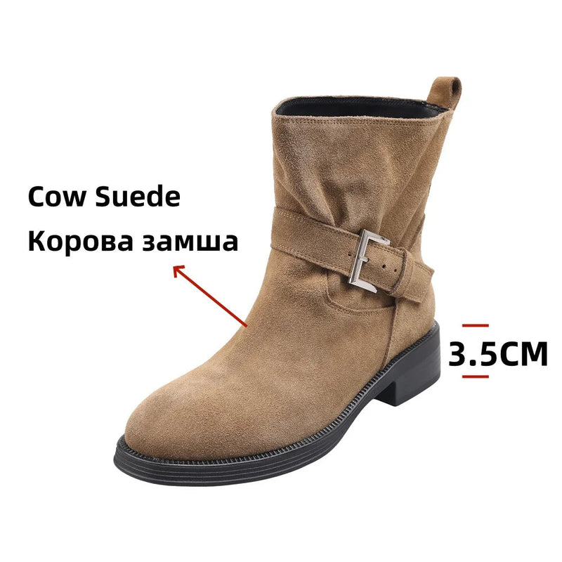Ankle Boots Cow Suede Round Toe Motorcycle Boots Thick Low Heels Warm Autumn Winter Shoes Buckles Boots