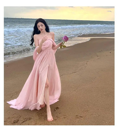 Summer Pink Pleated High Waist Split Long Dress Backless Halter Strapless Fairy Dress Female Vestido