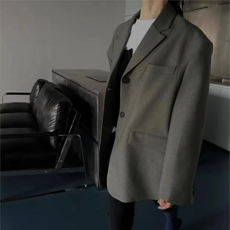 Chill Dark Gray Oversized Blazer Boyfriend Notched Collar Loose Suit Coat