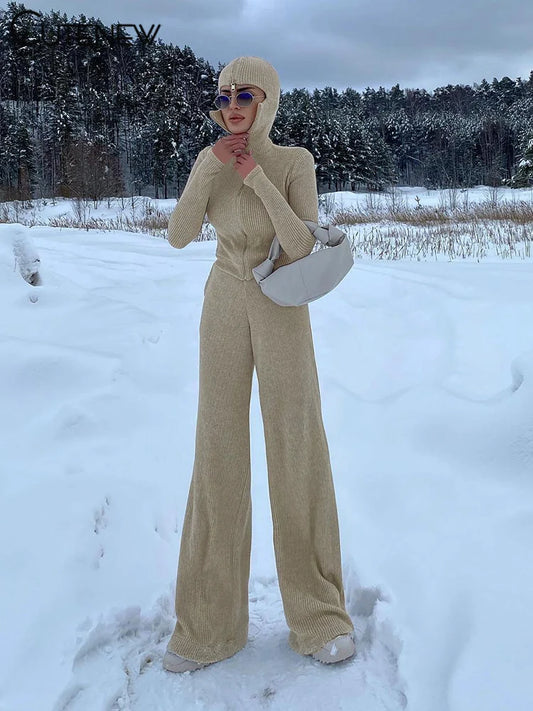 Classic Sporty 2piece Set Concise Autumn Tracksuits Hooded Zip-up Crop Tops+matching Pants Female Knit Suits