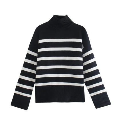 Winter Black and White Stripe Sweater Loose Pullover Jumper Tops Female Long Sleeve Turtleneck Knitted Sweaters