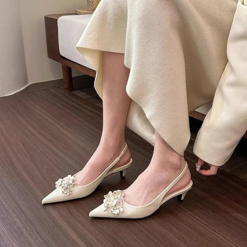 Sandals ，summer New Pointy Flower Sandals, Midheel Back Empty Single Shoes, Shoes