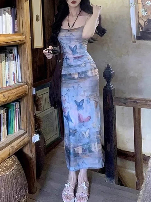 Summer Maxi Dress Preppy Style Butterfly Print Sleeveless Strap Dresses Clubwear Party Dresses