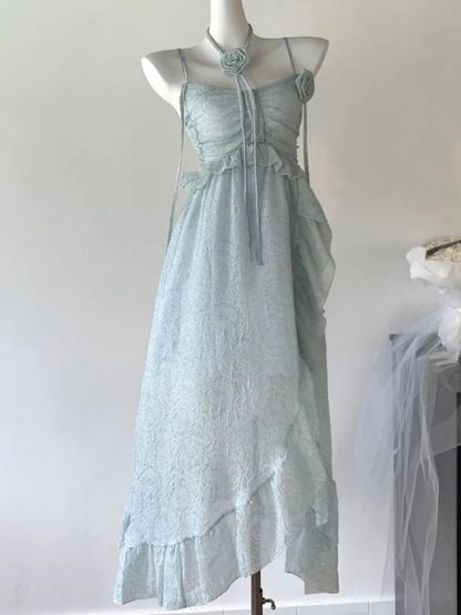Korean Fairycore Midi Dress for Sweet Spaghetti Strap Halter Ruffles Birthday Party Dresses Summer Holiday Beach Vestidos