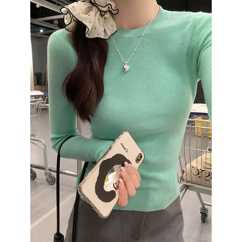 Autumn Winter New Slim Versatile Sweaters Korean Long Sleeve Knitted Round Neck Pullover Tops Clothes