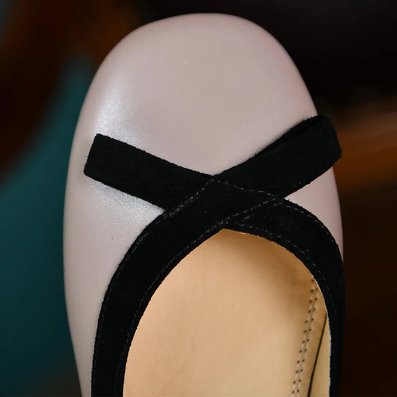 Genuine Leather Bordered Slipon Ballet Flats Square Toe Sweet Bowtie Korean Style Female Ballerians Soft Shoes