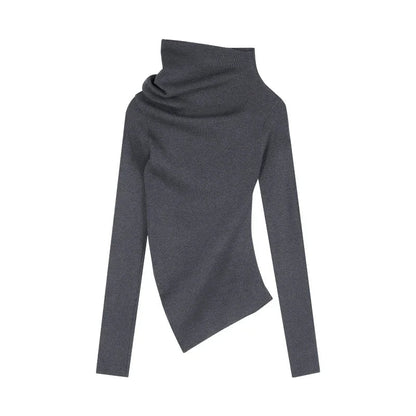 Korean Retro Strapless Asymmetric Longsleeved Sweater Spring New Slant Collar Pleated Slim Knitted Tops