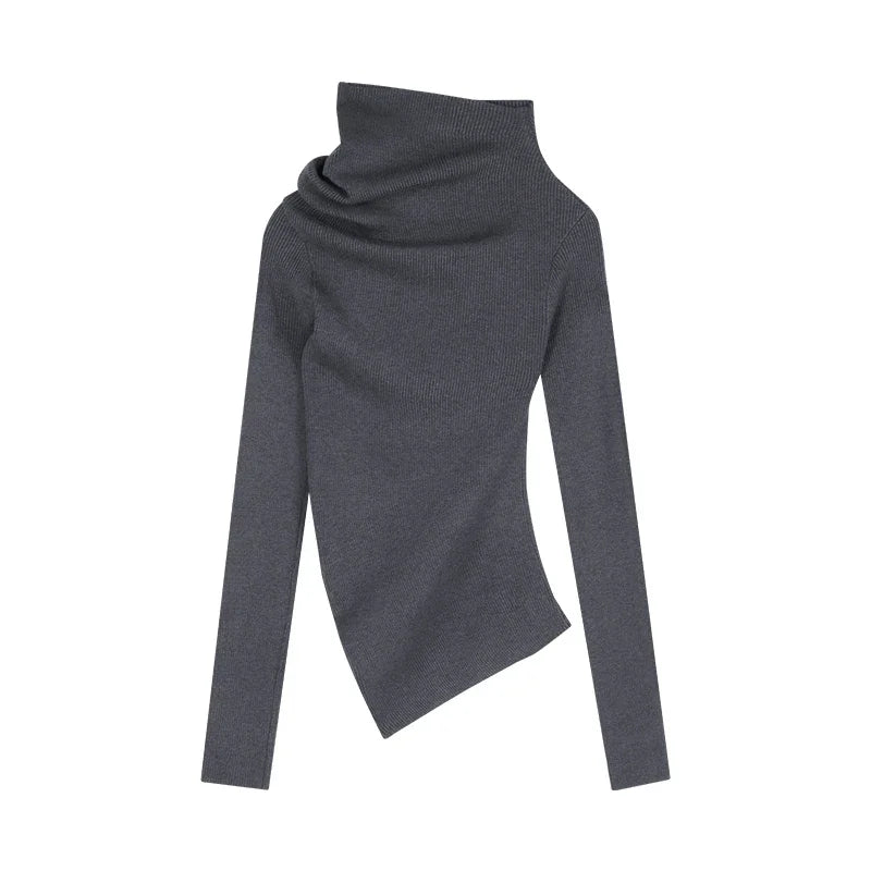 Korean Retro Strapless Asymmetric Longsleeved Sweater Spring New Slant Collar Pleated Slim Knitted Tops