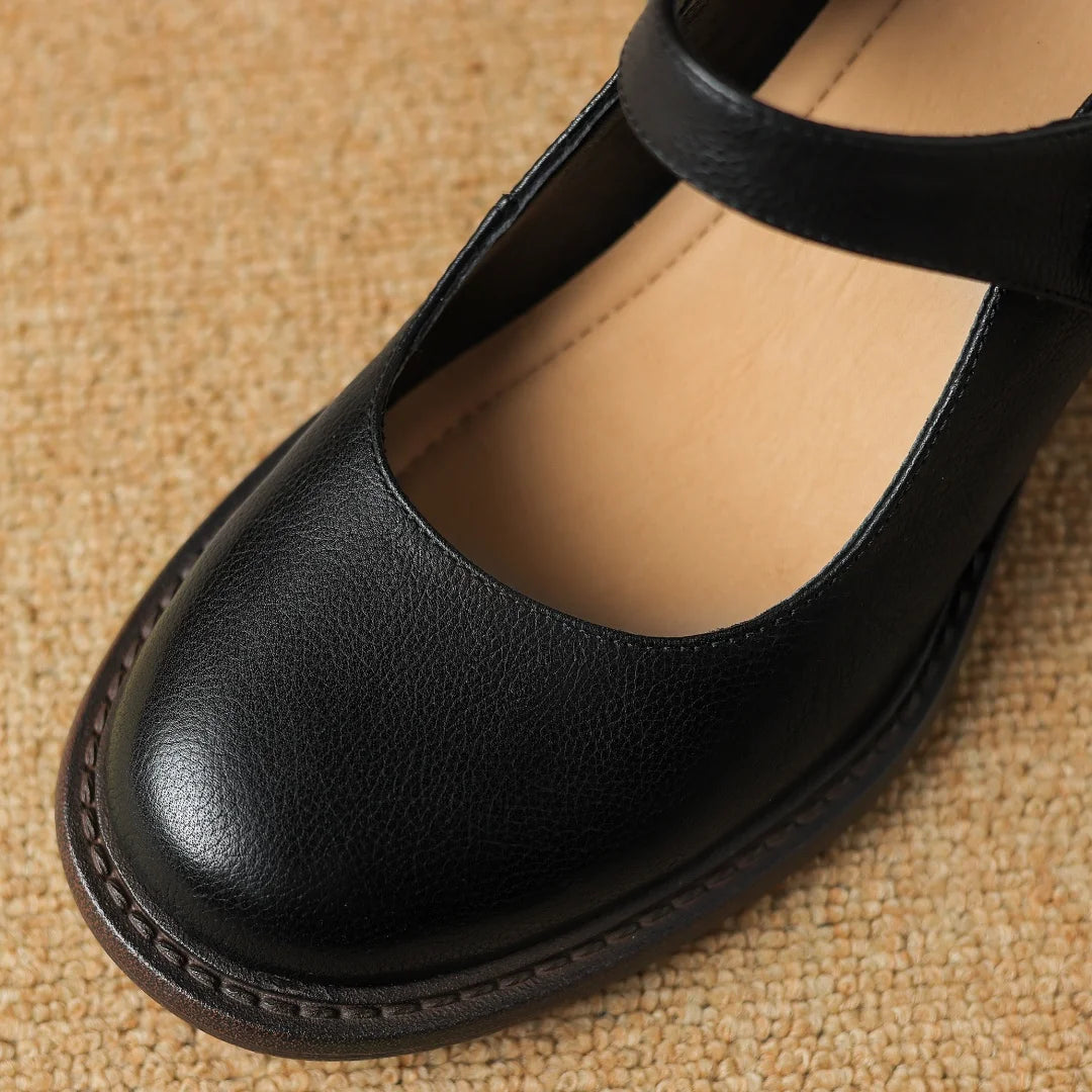 Cow Leather Chunky Heel Round Toe Slipon Mary Jane Pumps Soft Comfortable Retro Female Four Season Shoes