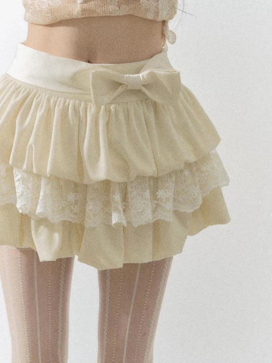 Sweet Bow Hite Lace Skirt for Y2k High Waist Faldas Mujer Allmatch Ruched Aline Cake Skirts