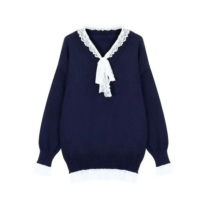 Knitted Sweater Lace Patchwork Bow V Neck Autumn Winter Pullover Long Sleeve Loose Stretch Female Jumper
