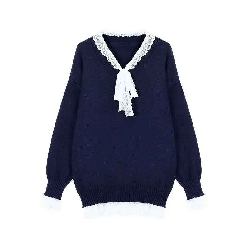 Knitted Sweater Lace Patchwork Bow V Neck Autumn Winter Pullover Long Sleeve Loose Stretch Female Jumper