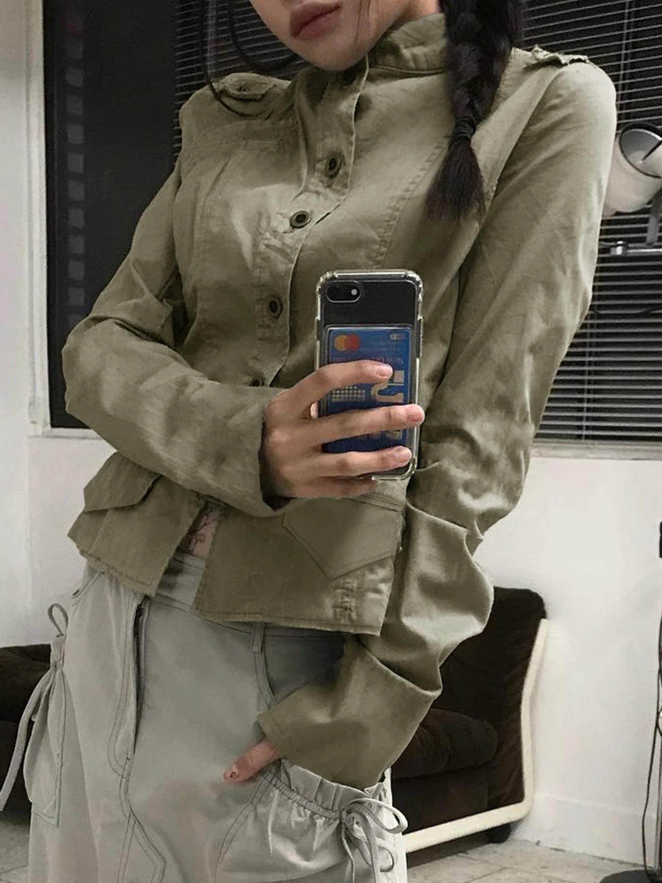 Retro Green Slim Cargo Jackets Button Up Stand Collar Long Sleeve Autumn Korean New Outwear