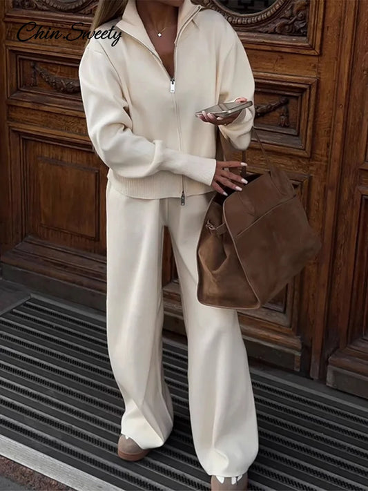 Knitted Pants Sets Stand Collar Zipper Cardigan Loose High Waist Pants Suits Autumn Winter New in Matching Outfits