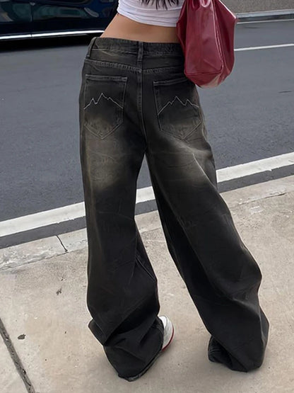 American Retro Straight Leg Jeans Woman Street Style Distressed Denim Pants