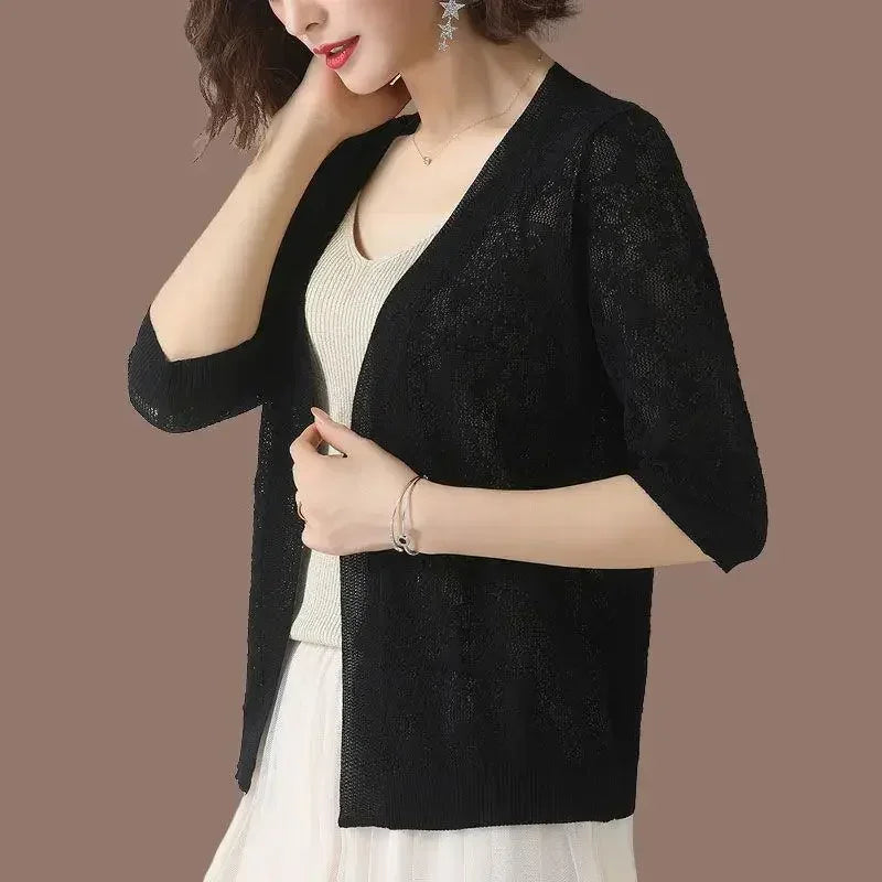 Hollow Lace Sunscreen Cardigan Sweater Wide Loose Air Conditioning Knitted Sweater Thin Section Female Spring Autumn