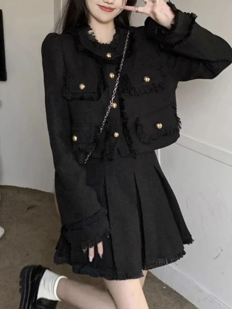 Korean Tweed Skirts Suit Jackets Coat Mini Pleated Skirts Two Pieces Set Female Clothes Outfits