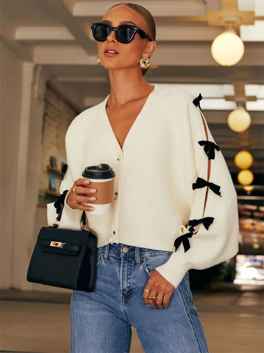 Tee Bow Knit Cardigan Sweater V-neck Ribbed Hollow Out Contrast Lace-up Knitwear Coat Female Outwear