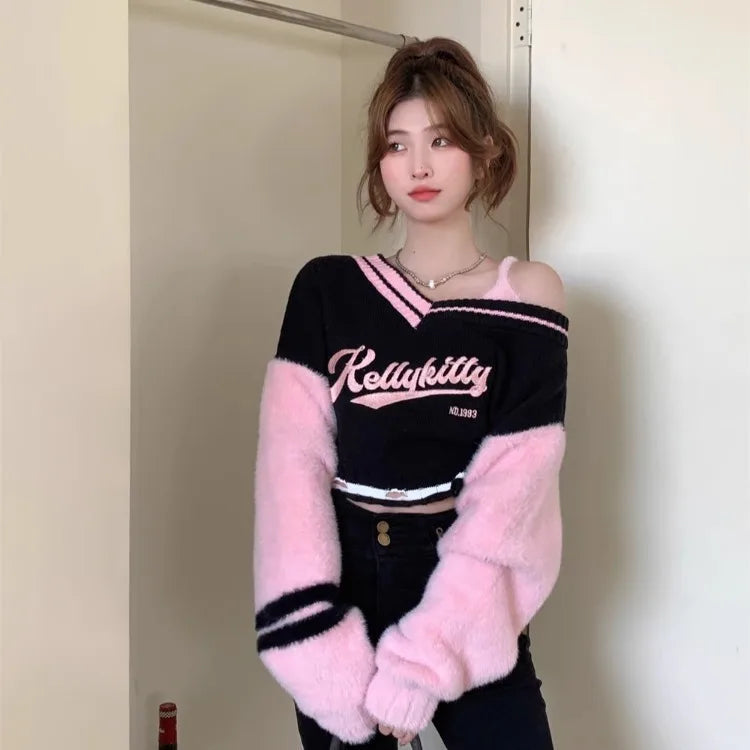 Korean Sweet Vneck Off Shoulder Pullovers Autumn New Embroidery Lazy Tops Y2k Egirl Long Sleeve Sweaters Mujer